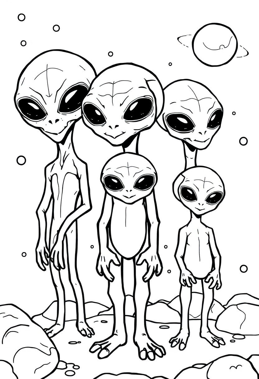 Friendly Alien Family coloring page, free printable