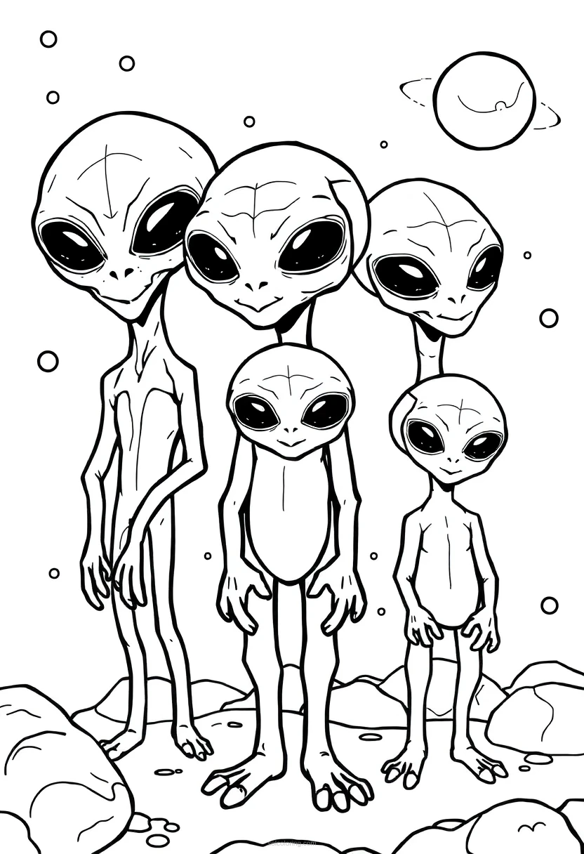 Friendly Alien Family coloring page for kids