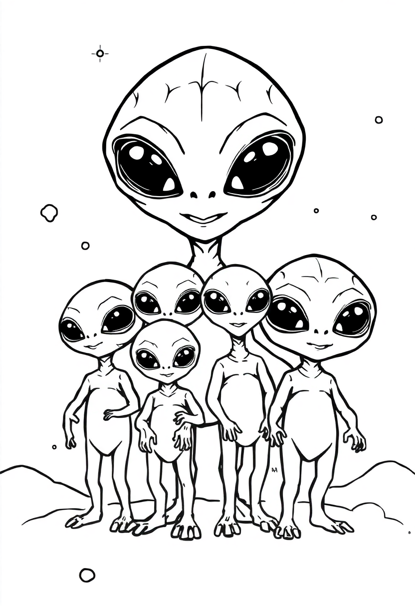Friendly Alien Family coloring page, free printable