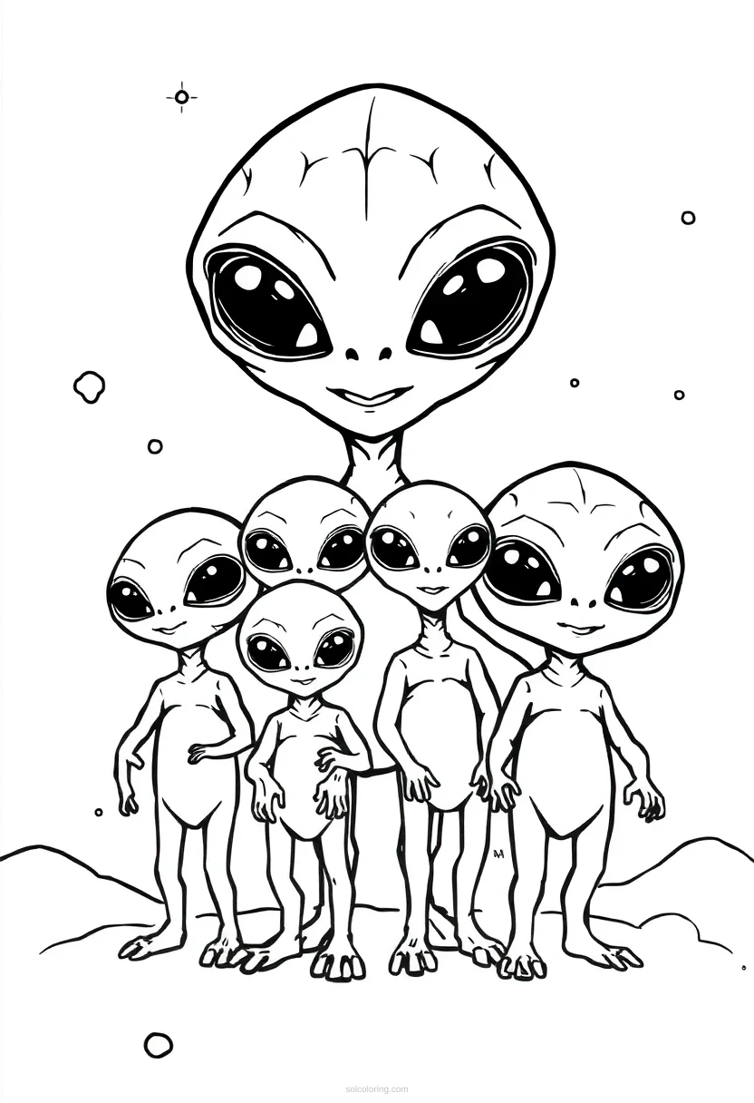 Friendly Alien Family coloring page for kids