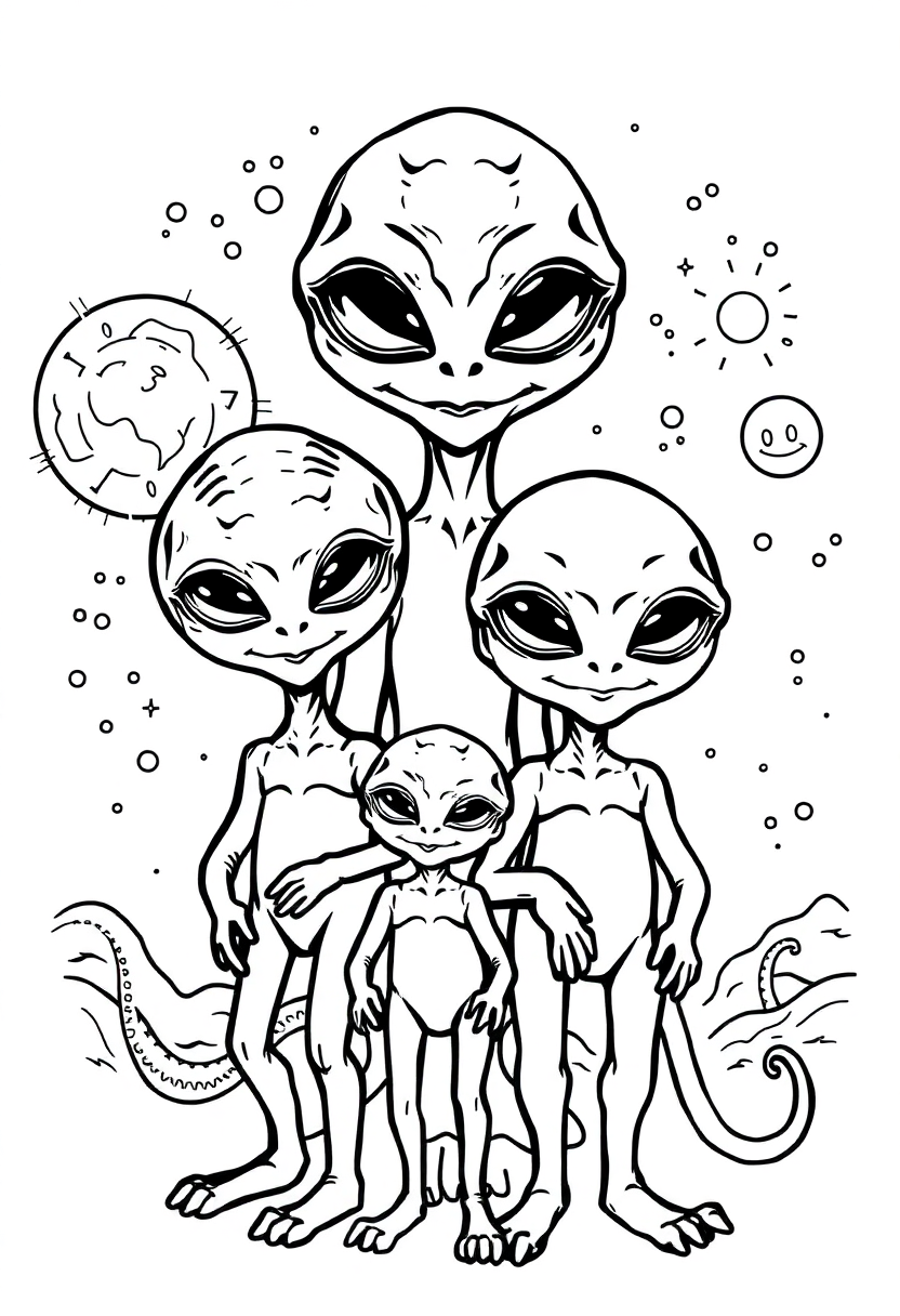 Friendly Alien Family coloring page, free printable