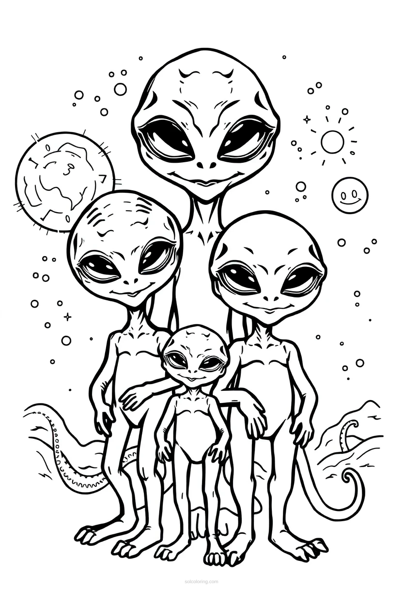 Friendly Alien Family coloring page for kids