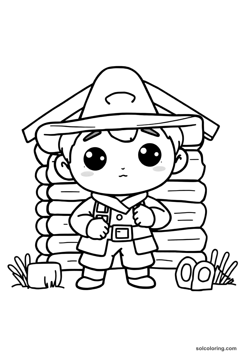 Chibi Frontiersman Building a Log Cabin coloring page, free printable chibi style
