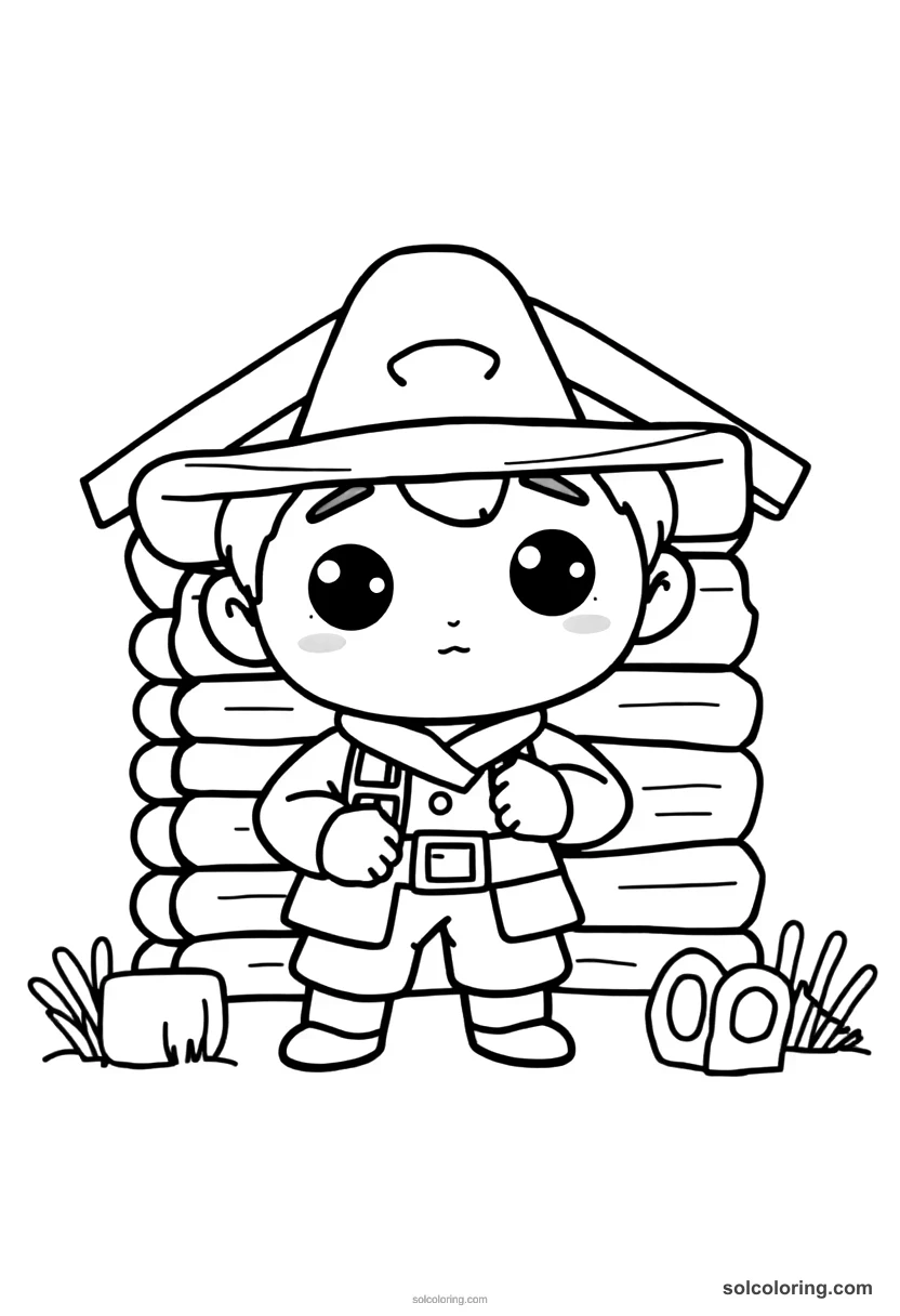 Chibi Frontiersman Building a Log Cabin chibi coloring page for kids