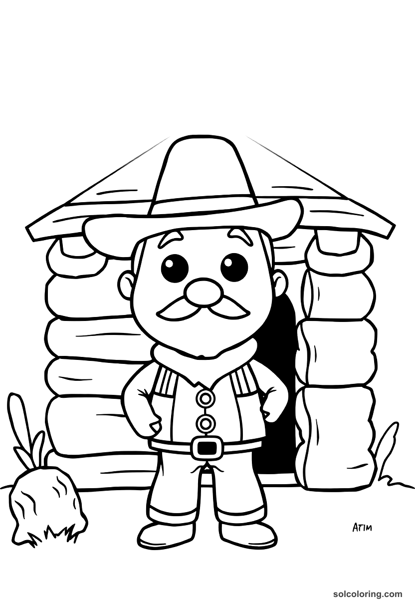 Cute Cartoon Frontiersman Building a Log Cabin coloring page, free printable cute cartoon style