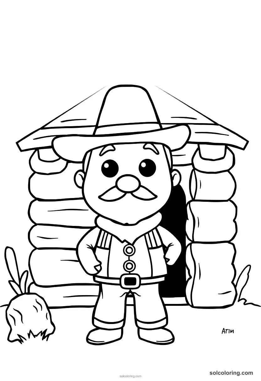 Cute Cartoon Frontiersman Building a Log Cabin cute cartoon coloring page for kids