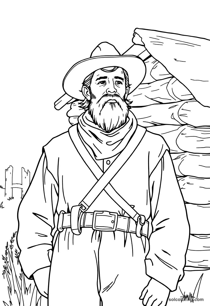 Frontiersman Building a Log Cabin coloring page, free printable detailed style