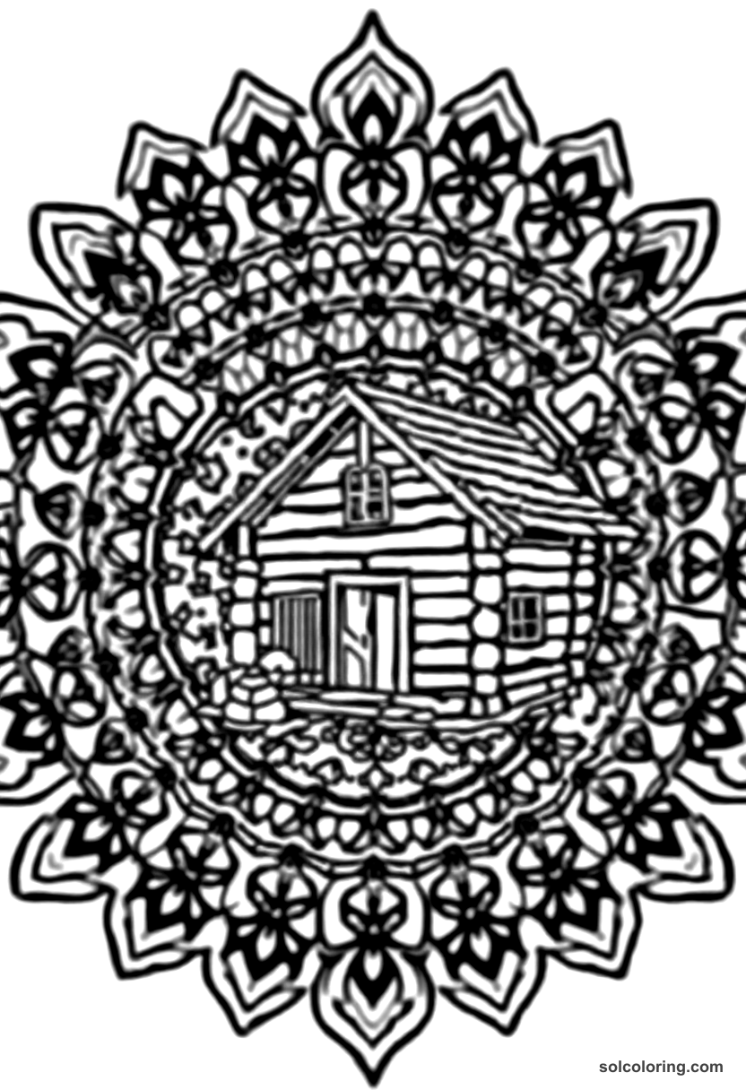 Mandala Frontiersman Building a Log Cabin coloring page, free printable mandala style