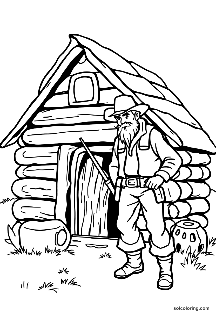 Simple Frontiersman Building a Log Cabin coloring page, free printable simple style