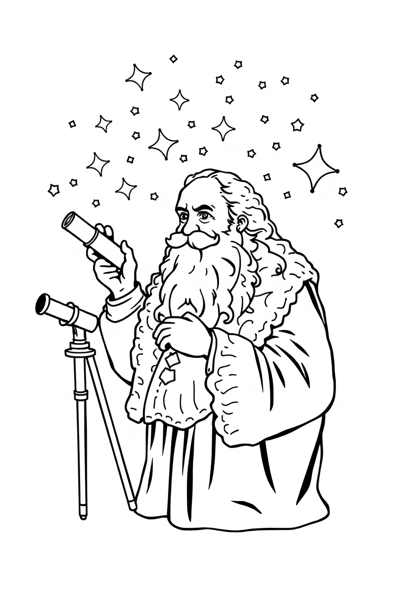 Galileo Galilei with Telescope and Stars coloring page, free printable