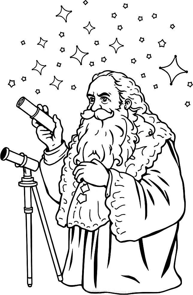 Galileo Galilei with Telescope and Stars coloring page for kids