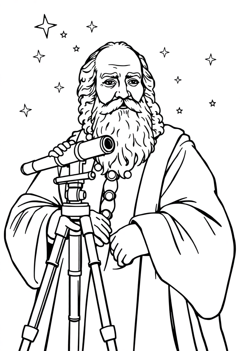 Galileo Galilei with Telescope and Stars coloring page, free printable