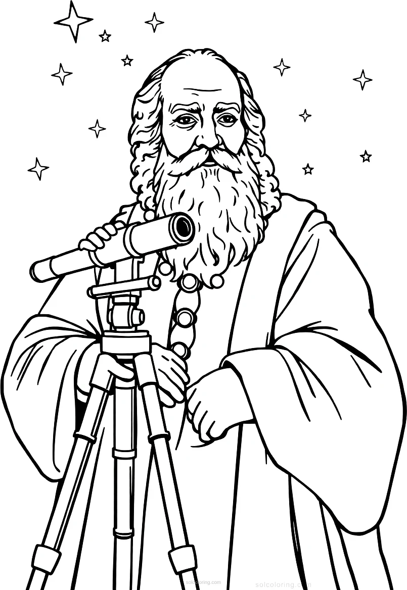 Galileo Galilei with Telescope and Stars coloring page for kids