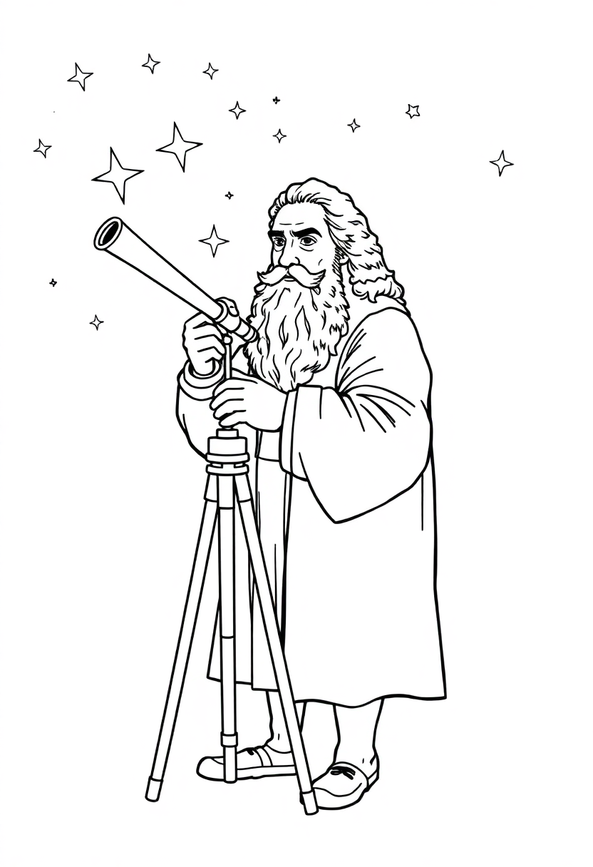 Galileo Galilei with Telescope and Stars coloring page, free printable