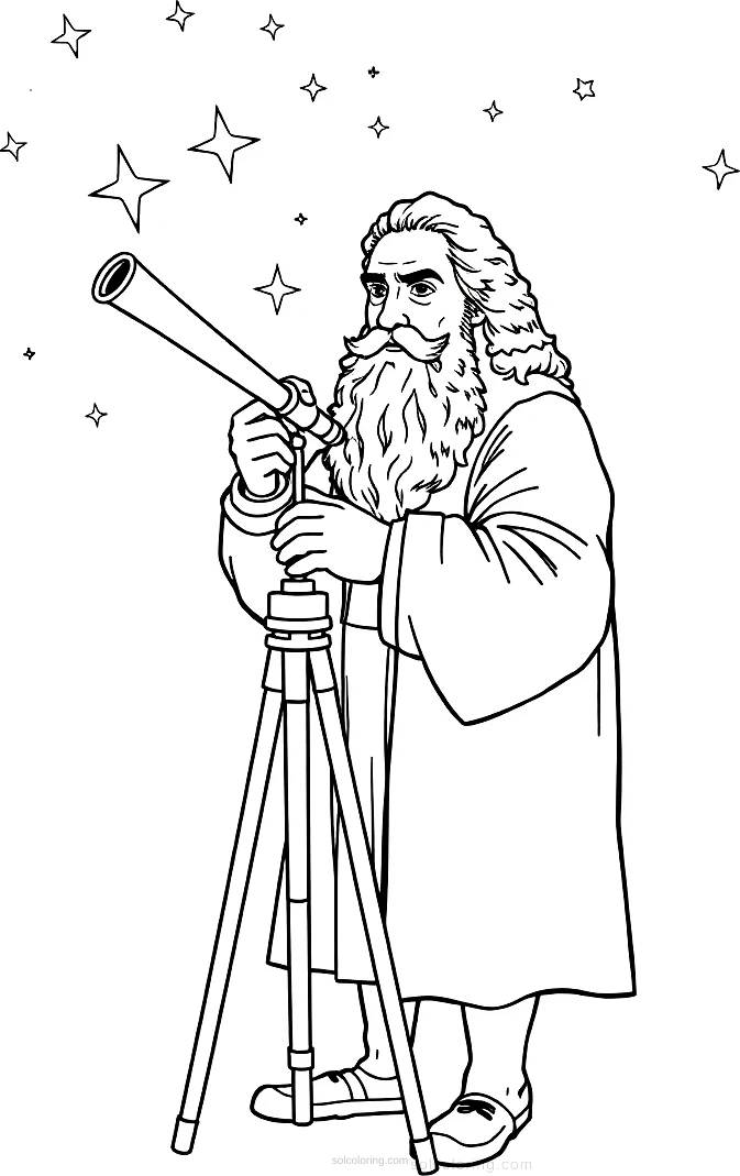 Galileo Galilei with Telescope and Stars coloring page for kids