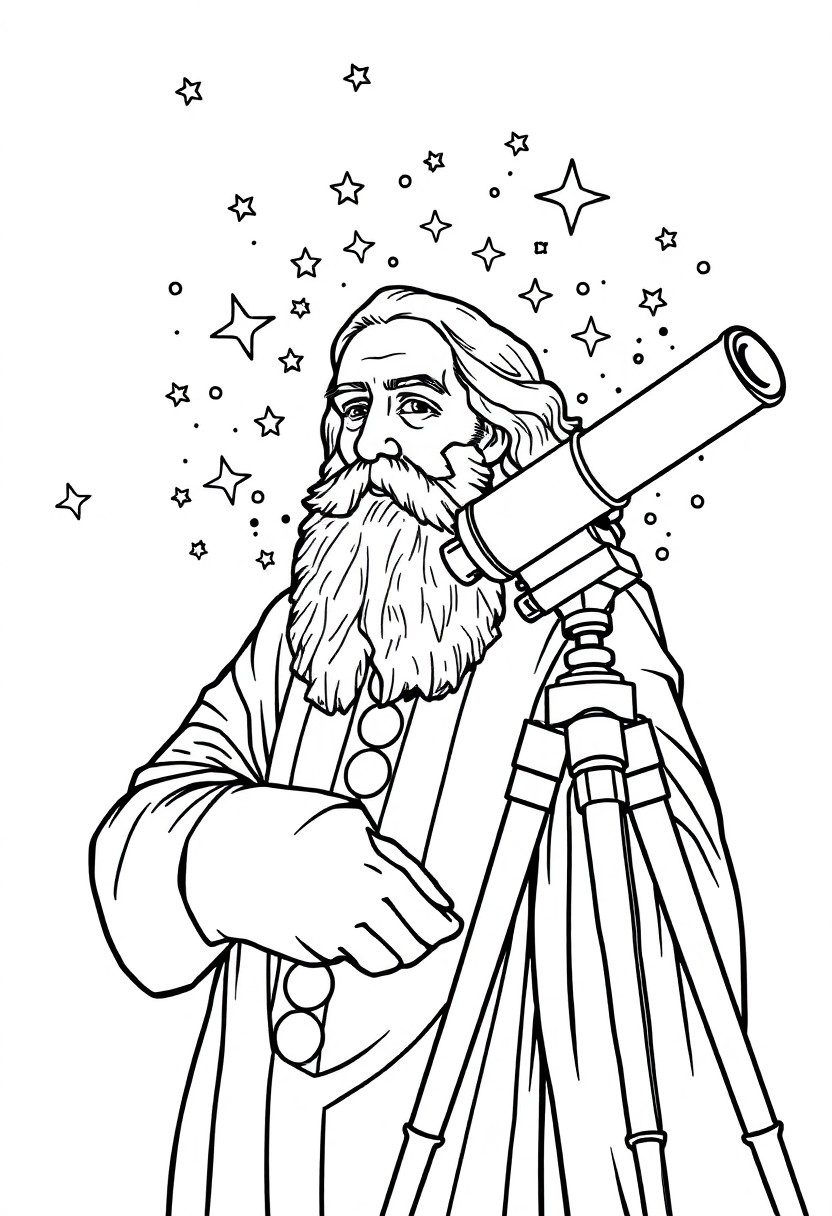 Galileo Galilei with Telescope and Stars coloring page, free printable