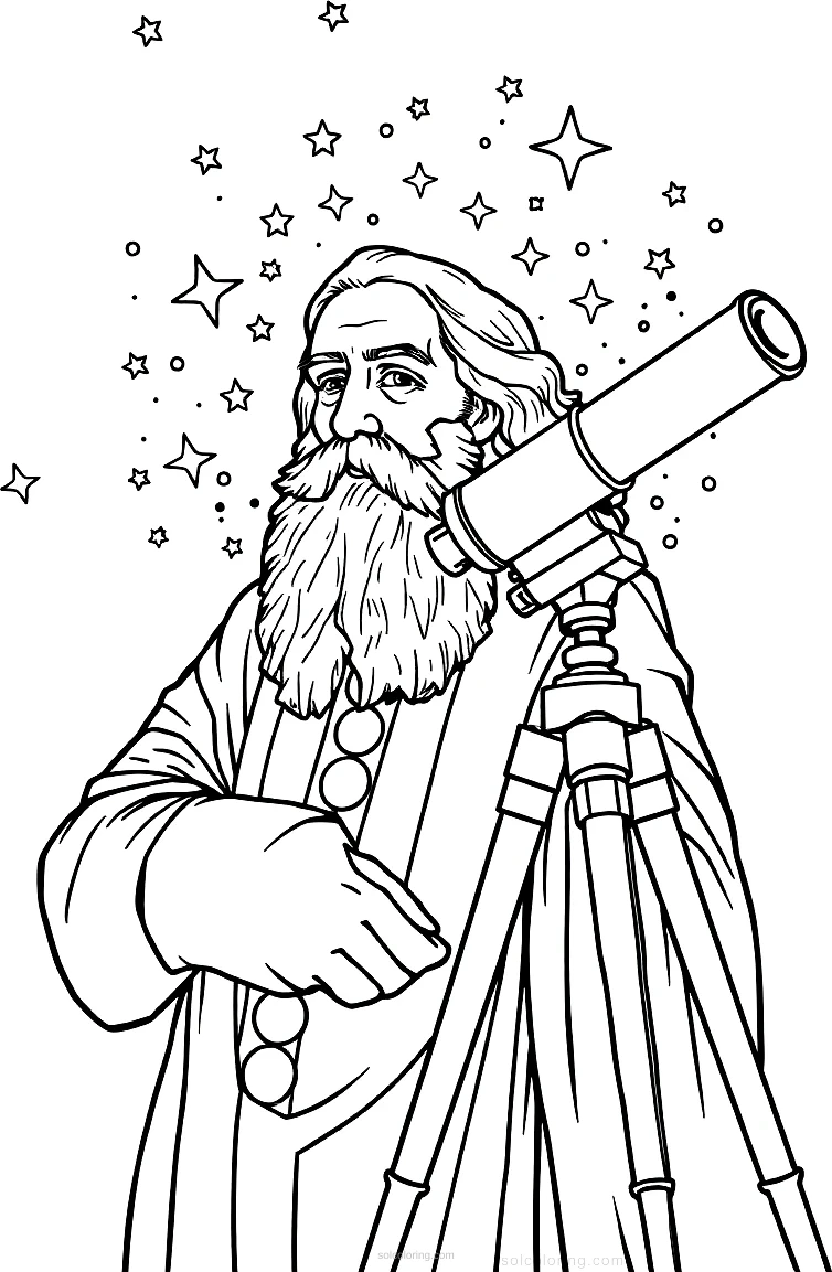 Galileo Galilei with Telescope and Stars coloring page for kids