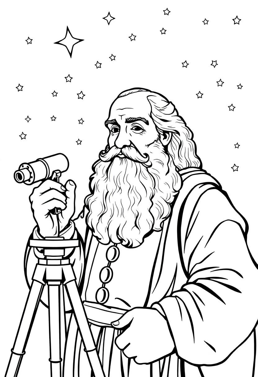 Galileo Galilei With Telescope And Stars coloring pages