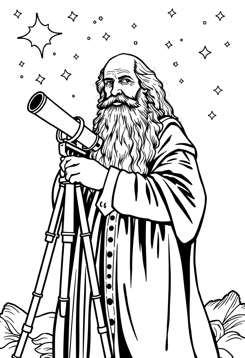 Galileo Galilei with Telescope and Stars coloring page, free printable