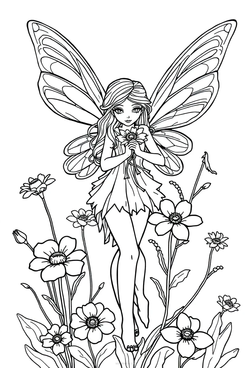 Garden Fairy with Flowers coloring page for kids