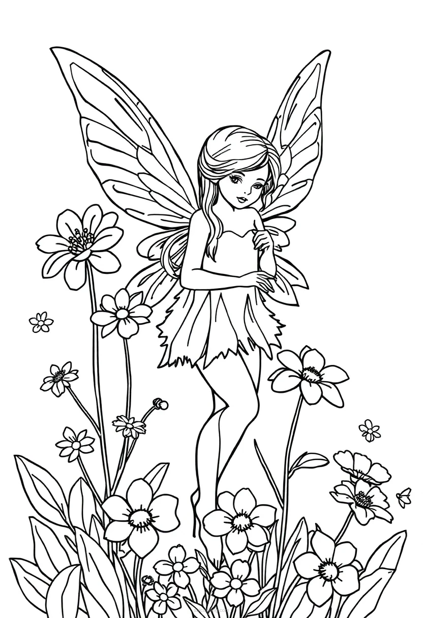 Garden Fairy with Flowers coloring page for kids