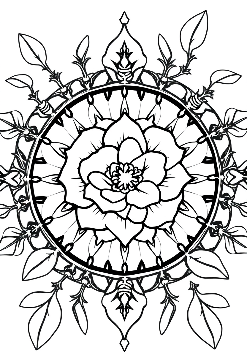 Garden Rose and Thorns Mandala coloring page for kids