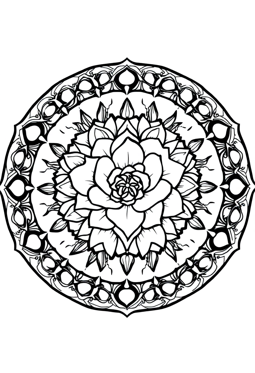 Garden Rose and Thorns Mandala coloring page for kids