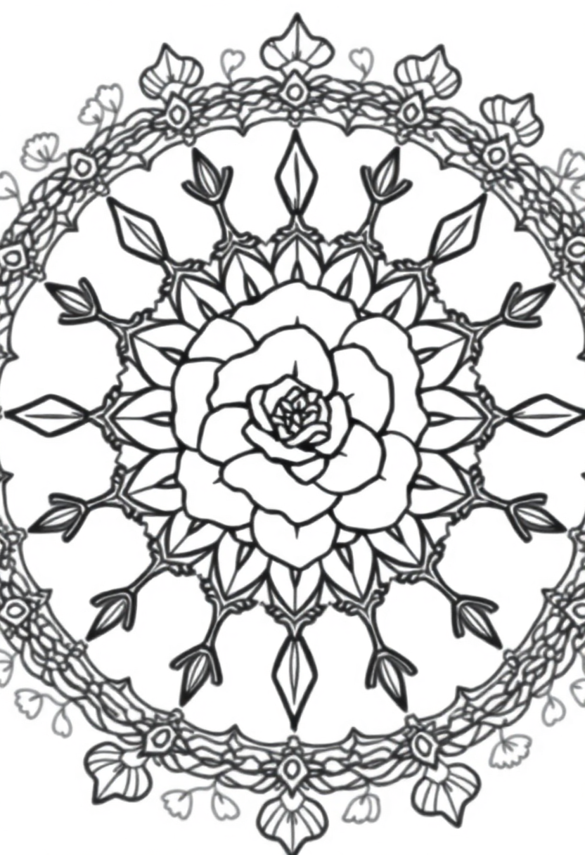 Garden Rose and Thorns Mandala coloring page for kids