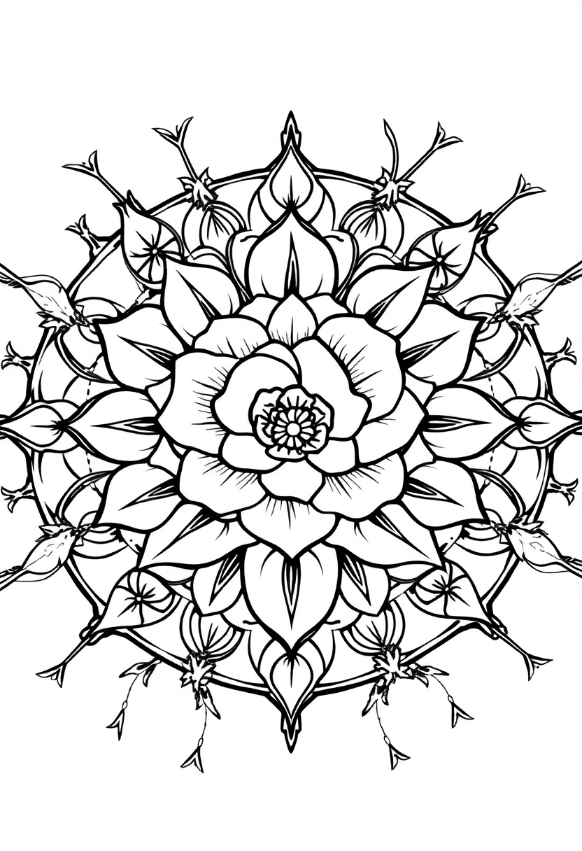 Garden Rose and Thorns Mandala coloring page for kids