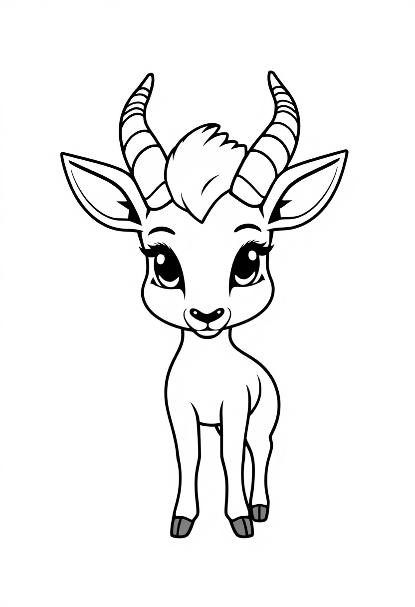 Cute chibi-style gazelle coloring page with big eyes, simple features, and bold black outlines on white background