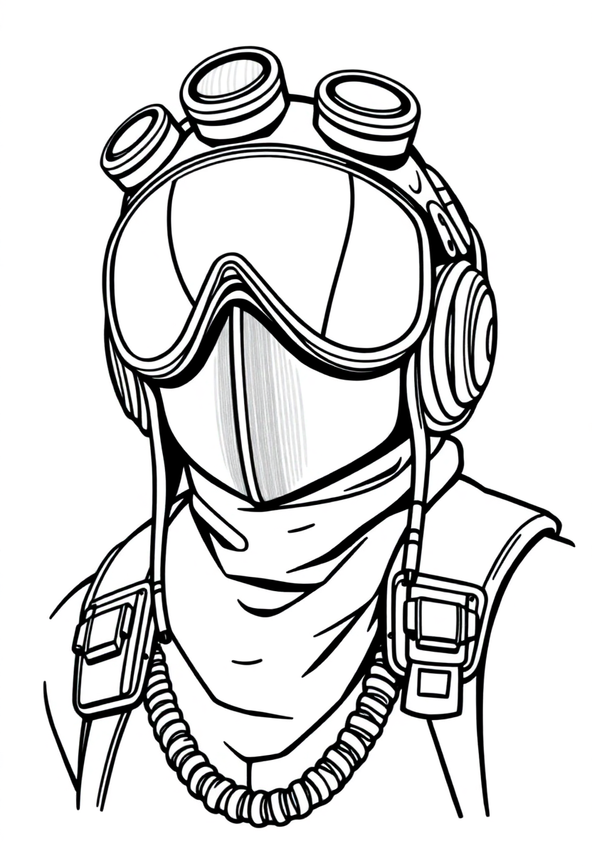 Chibi aviator coloring page with steampunk gears, goggles, and mechanical decorations in bold black outlines