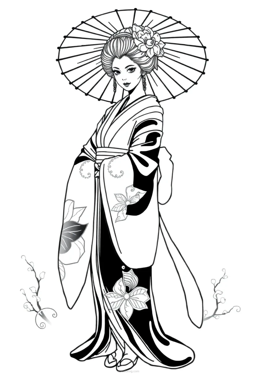 Geisha in Traditional Kimono coloring page for kids