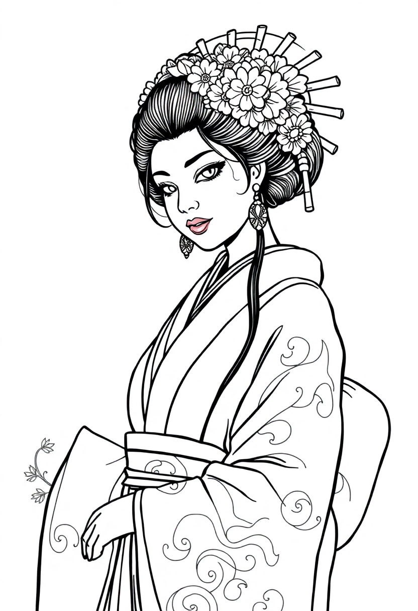 Geisha in Traditional Kimono coloring page, free printable