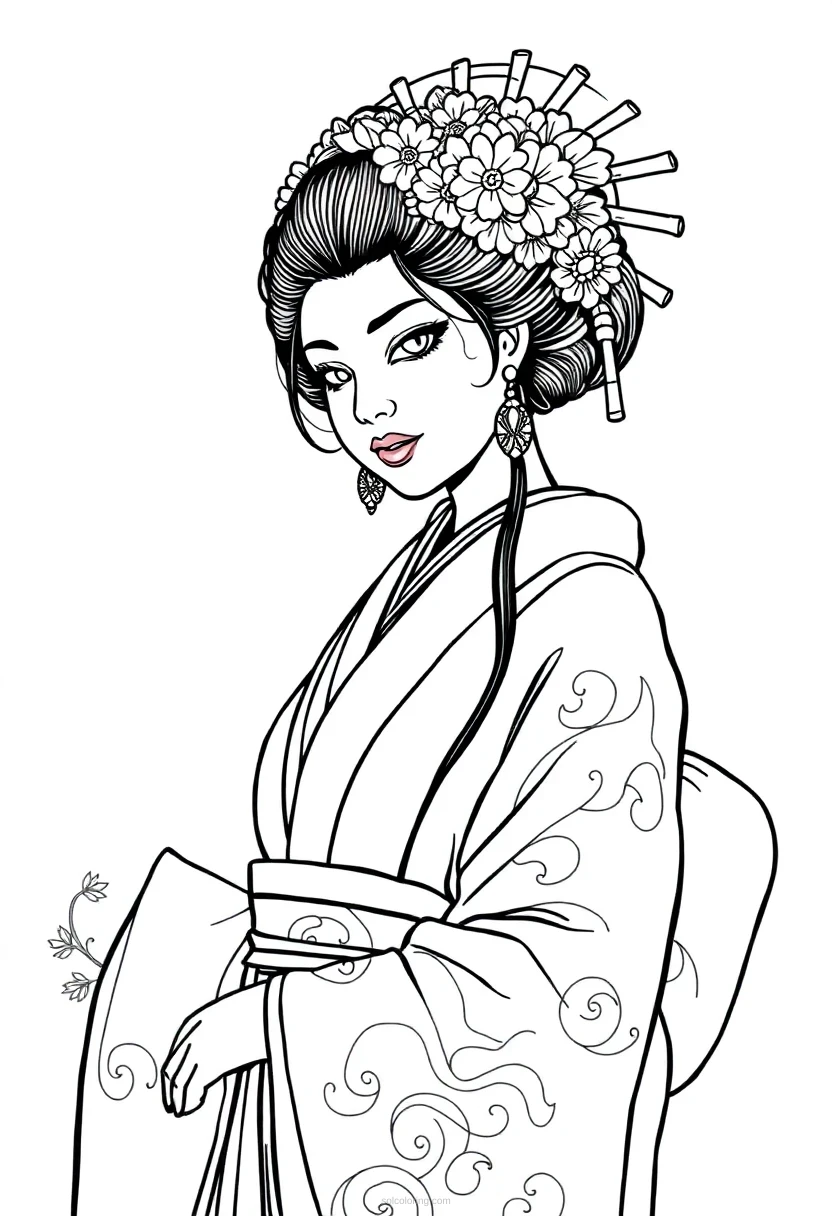 Geisha in Traditional Kimono coloring page for kids