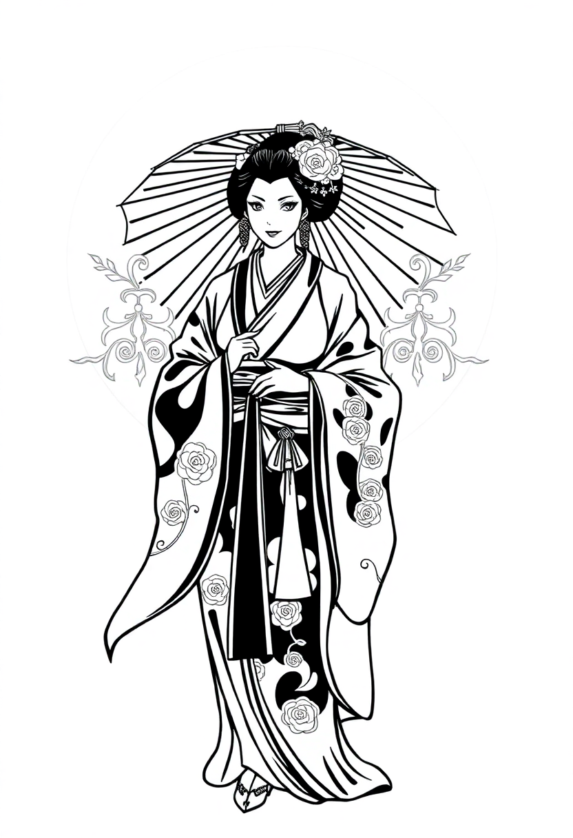 Geisha in Traditional Kimono coloring page, free printable