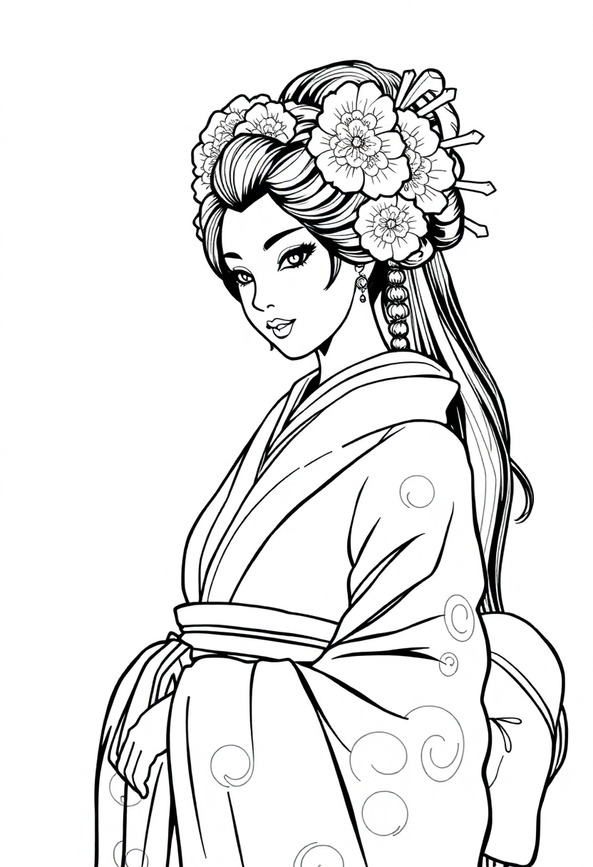 Geisha in Traditional Kimono coloring page, free printable
