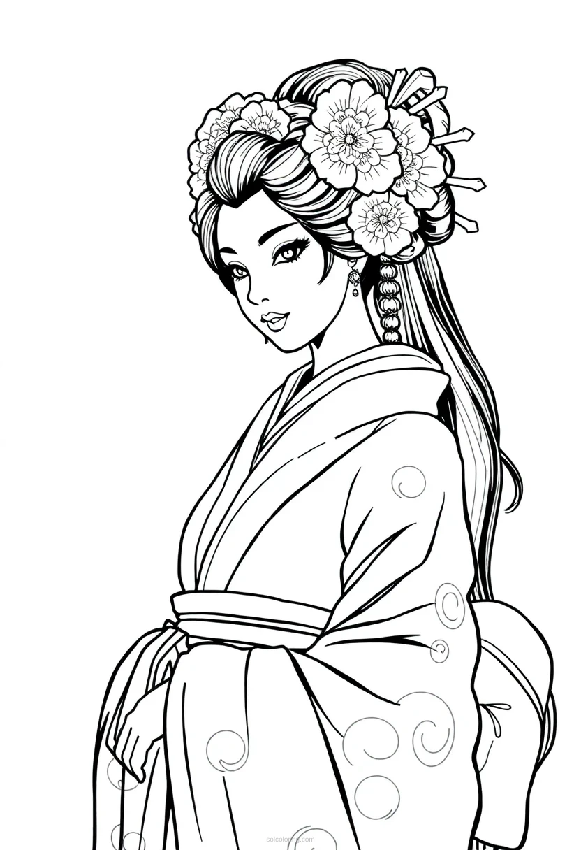 Geisha in Traditional Kimono coloring page for kids