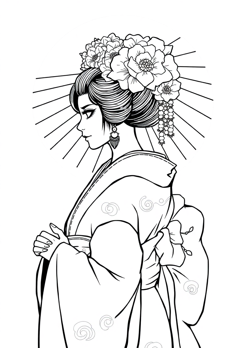 Geisha In Traditional Kimono coloring pages