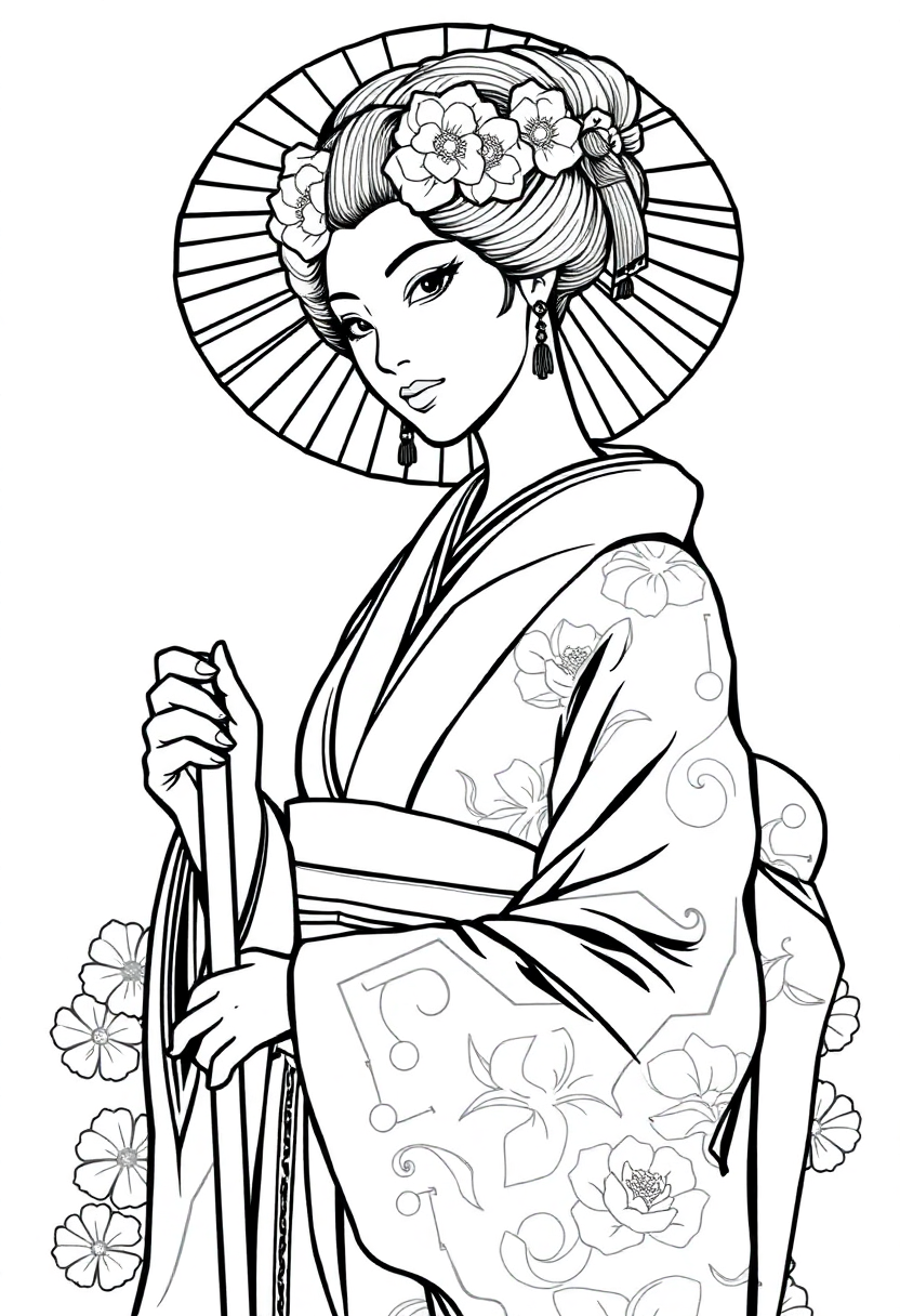 Geisha in Traditional Kimono coloring page, free printable
