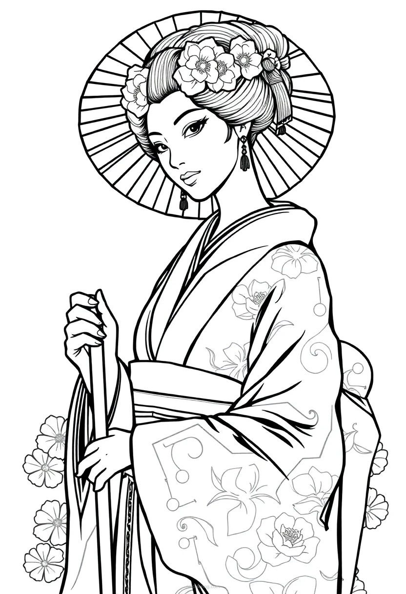 Geisha in Traditional Kimono coloring page for kids