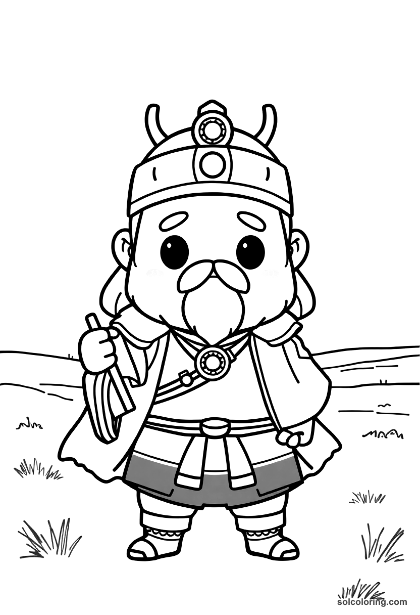 Chibi Genghis Khan on the Mongolian Steppe coloring page, free printable chibi style