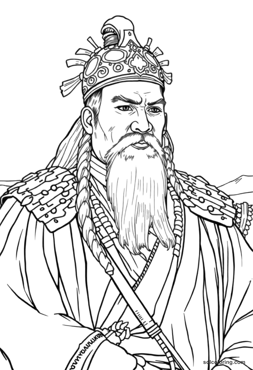Genghis Khan on the Mongolian Steppe coloring page, free printable detailed style