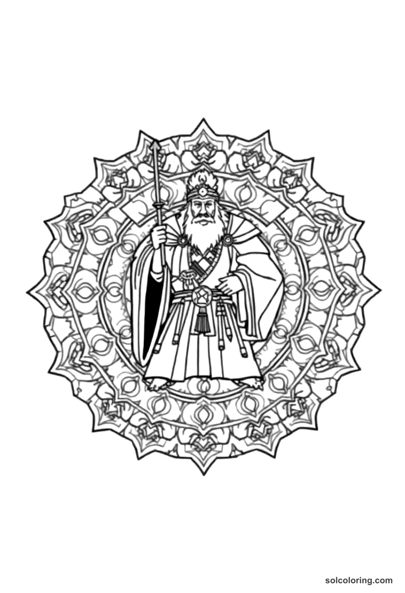 Mandala Genghis Khan on the Mongolian Steppe coloring page, free printable mandala style