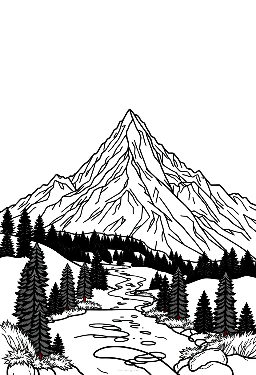 Geometric Mountain Landscape coloring page for kids