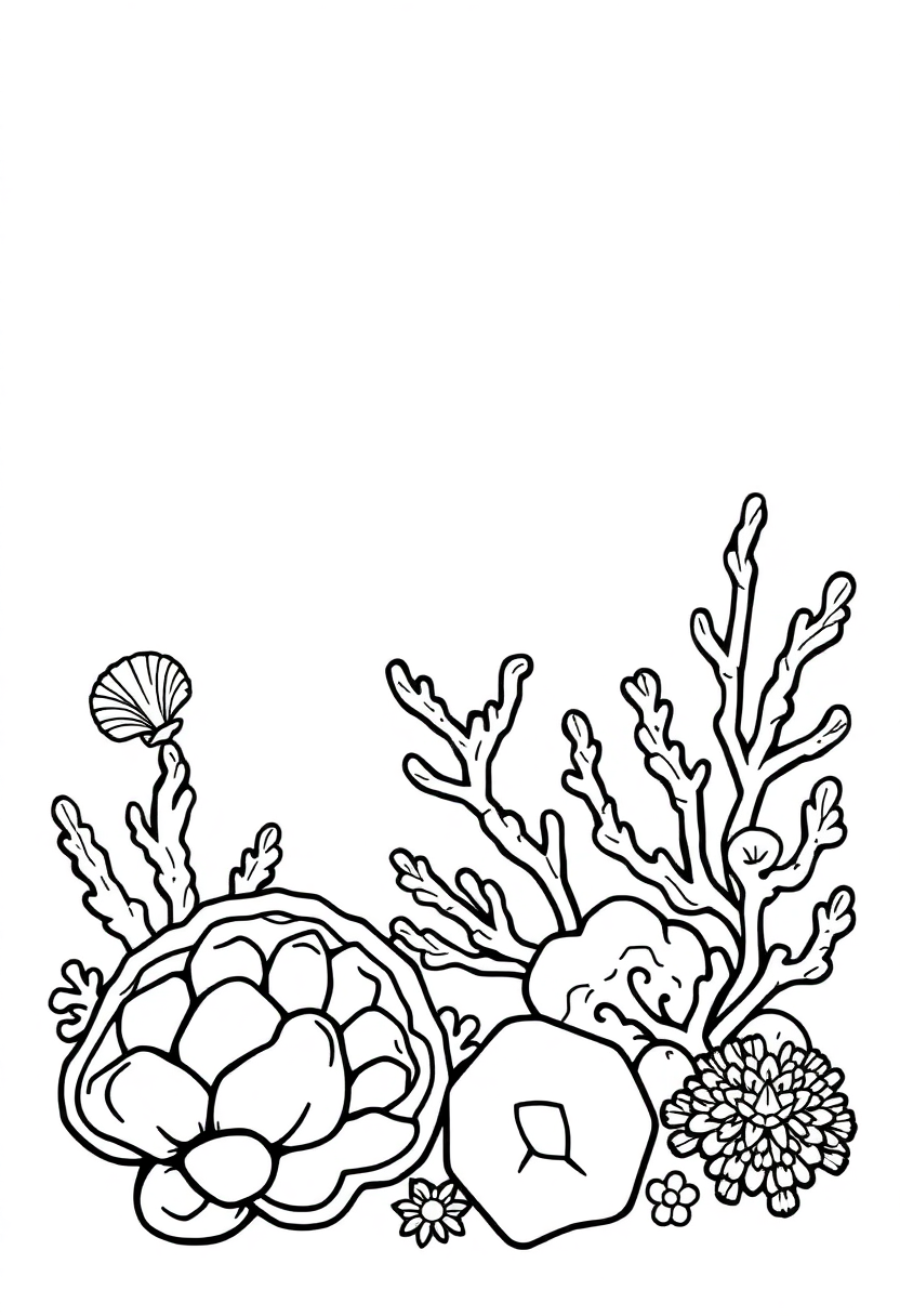 Geometric seashells and coral zentangle coloring page with intricate patterns and bold outlines for printing