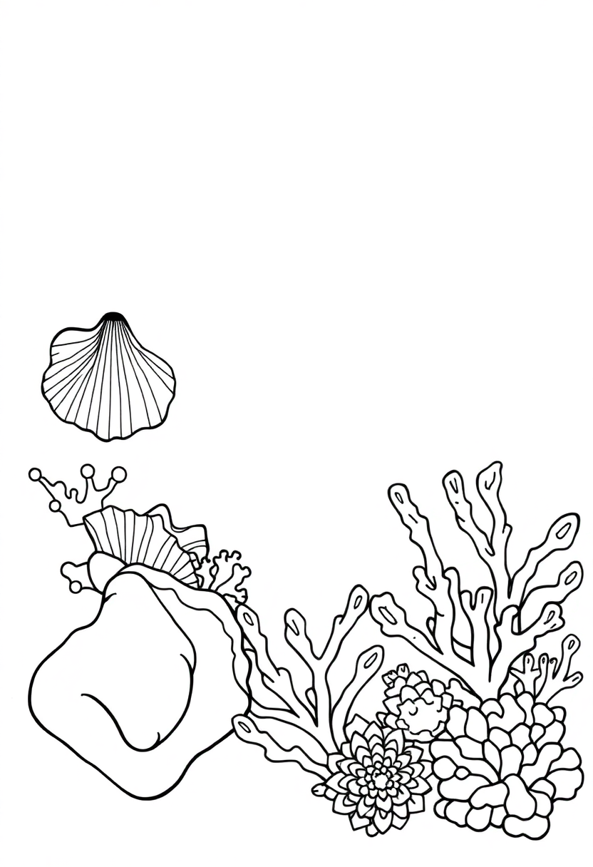 Geometric Seashells and Coral coloring page, free printable