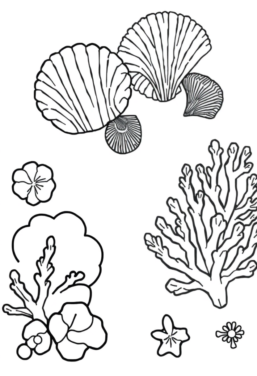 Geometric Seashells and Coral coloring page, free printable