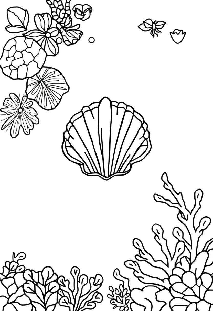 Geometric Seashells and Coral coloring page, free printable
