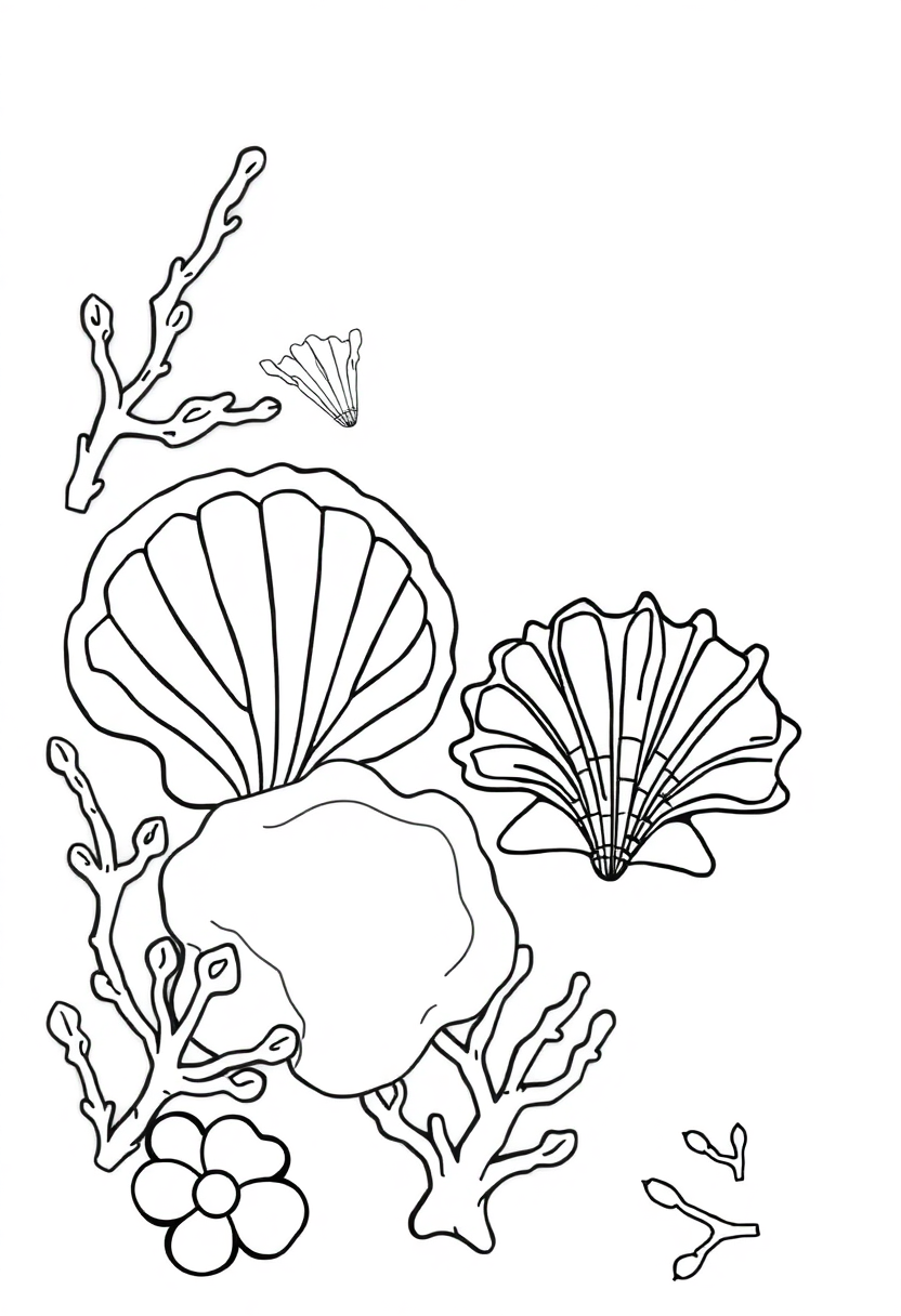 Geometric Seashells and Coral coloring page, free printable