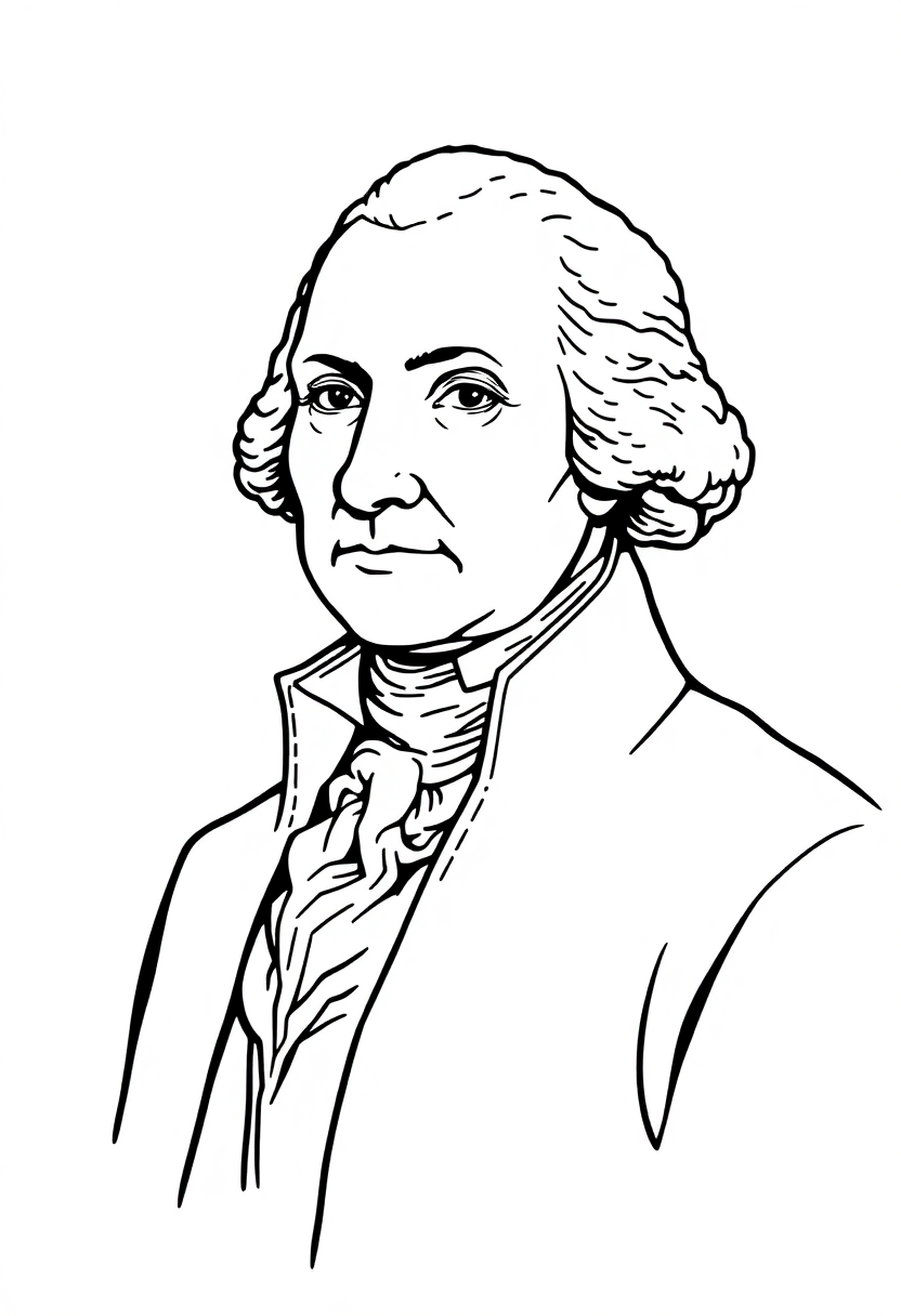 George Washington portrait coloring page showing first US president with powdered hair and colonial era clothing outline